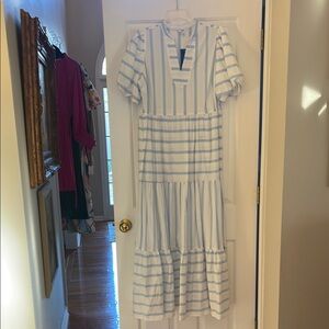 Crown & Ivy Blue and White Ruffled Midi Sundress with Puff Sleeves